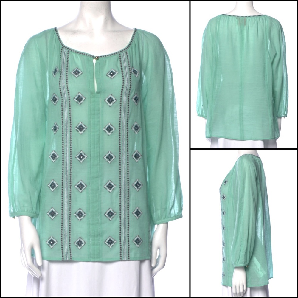 Tory Burch Linen Blend Seafoam Mint Sheer Embroidered Beaded Tunic Blouse Top